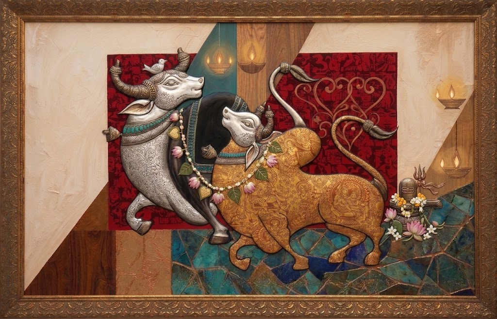 Love and Devotion Eternal — a silver and golden Nandi bull entwined in a lotus garland, diyas burning around them
