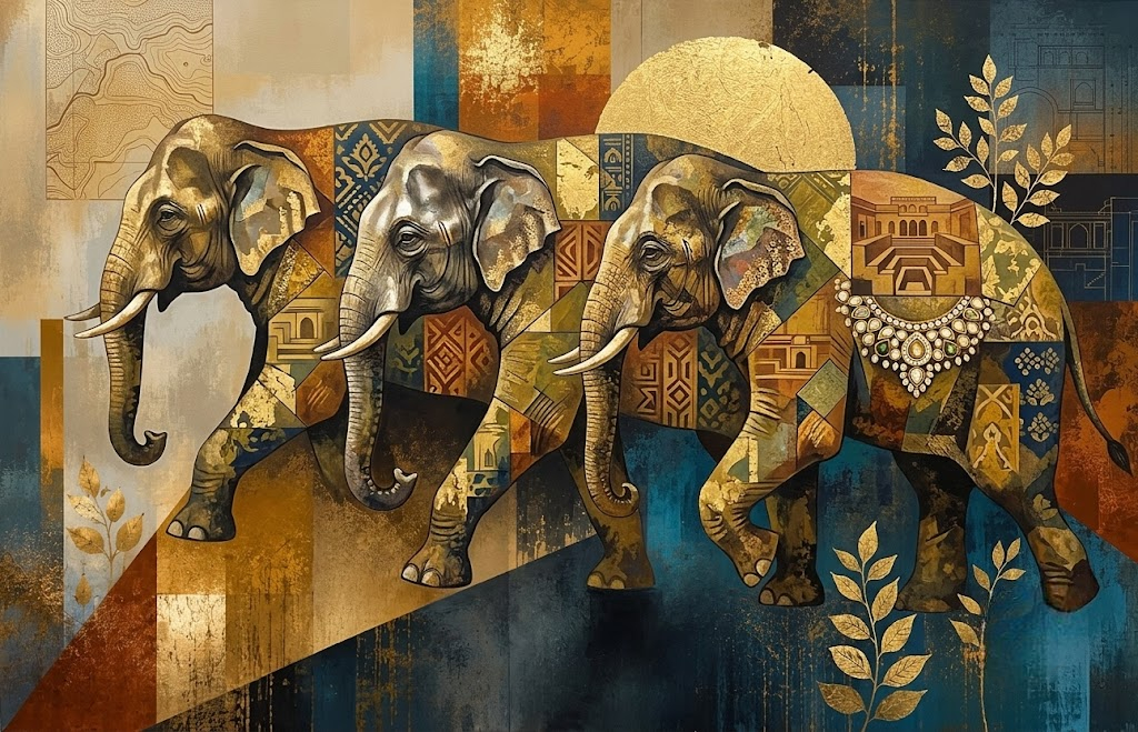 Tri-Gaja — three elephants adorned with Indian patterns, golden sun behind them