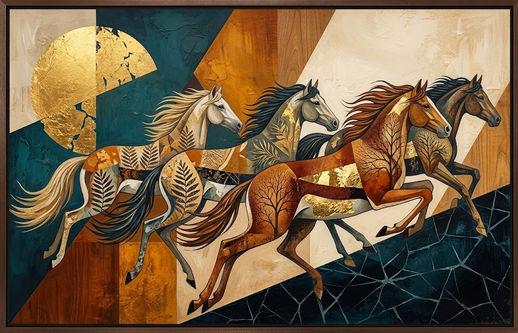 Chaturanga — four running horses with nature patterns inlaid, a golden sun fracturing on the left